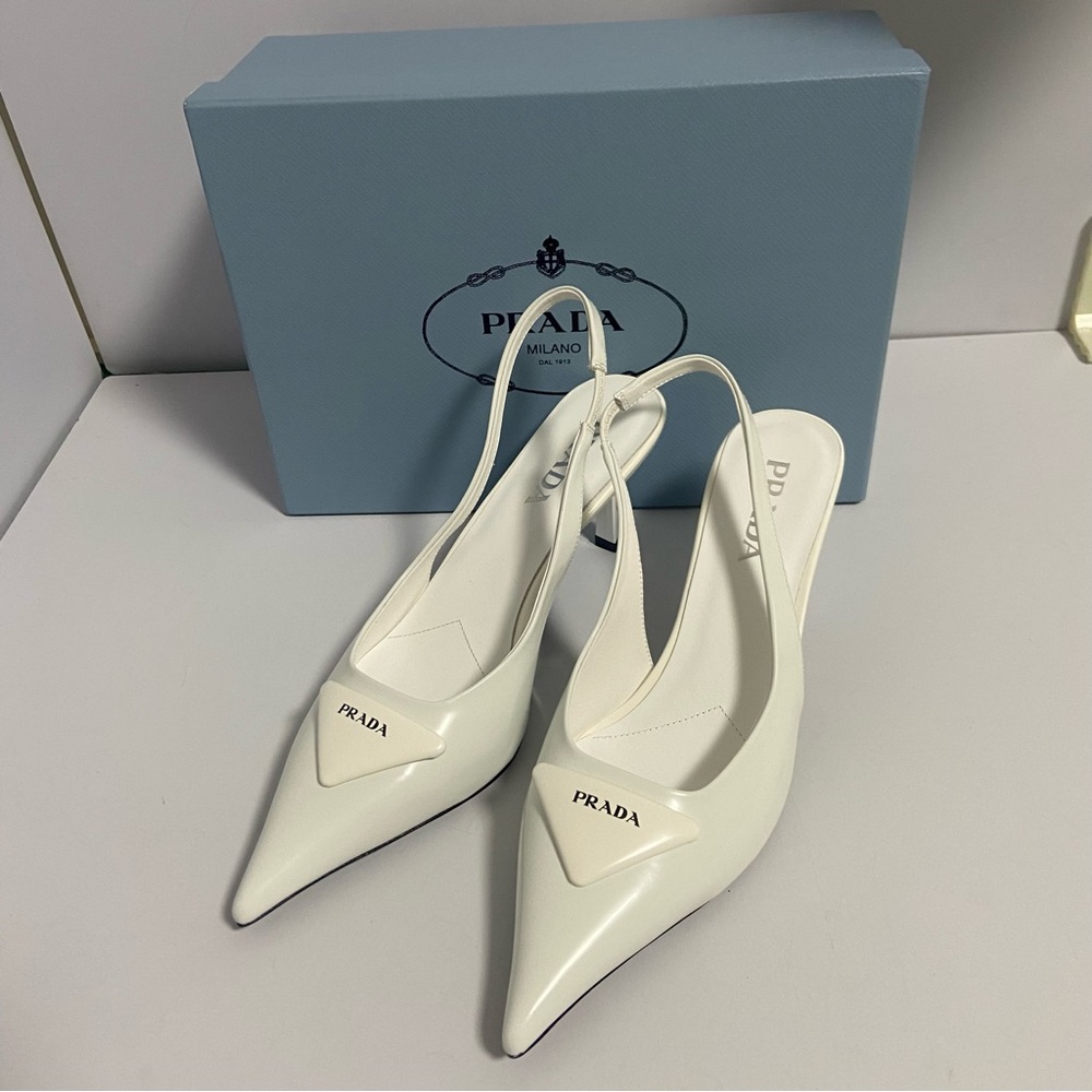Prada White Logo Slingback Pumps - Picture 3 of 4